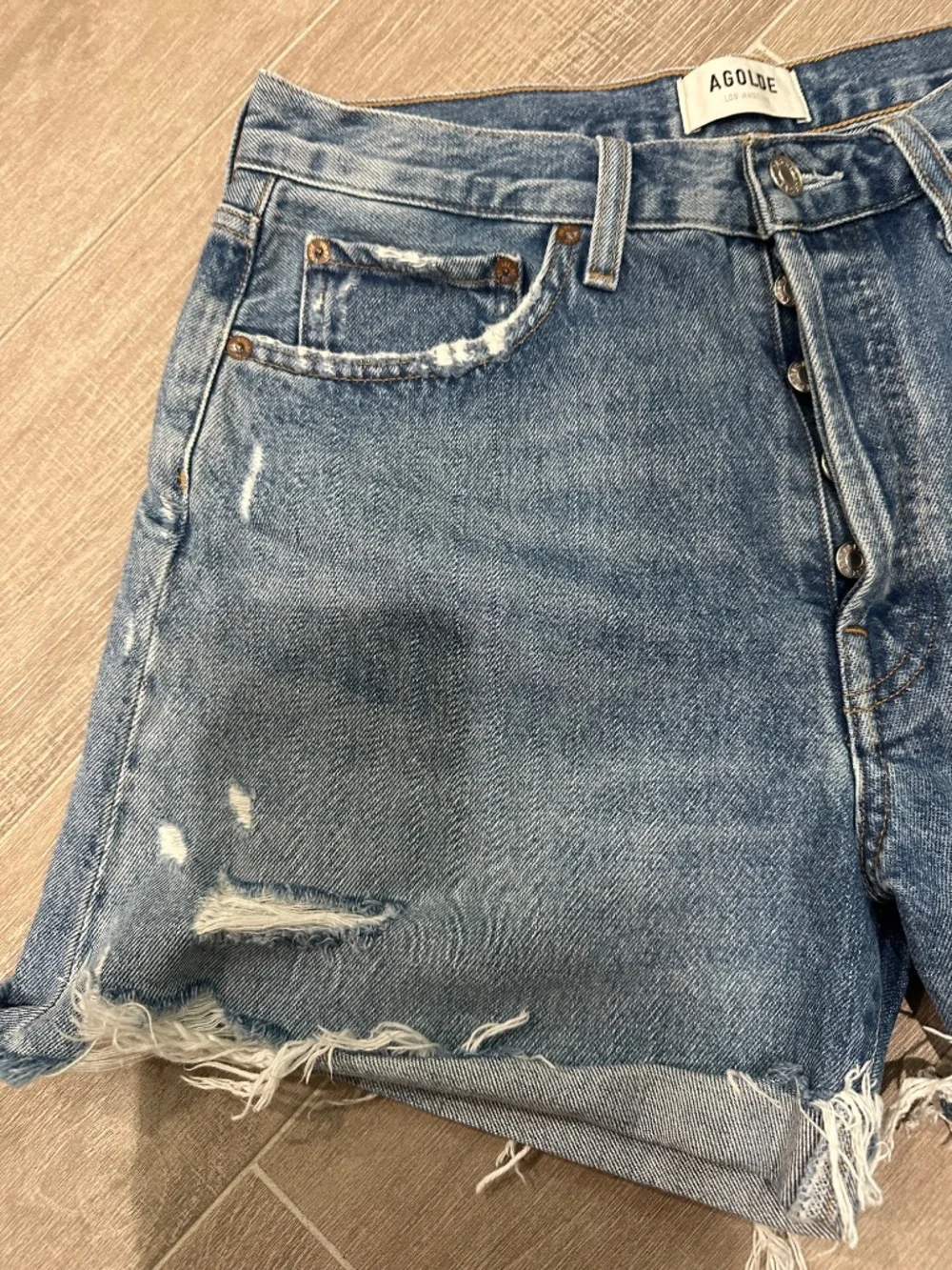 AGOLDE Parker Long Distressed Roll Cuff Denim Shorts Size 28